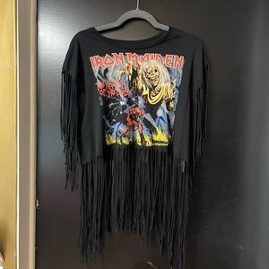 Black iron maiden band t-shirt with fringes